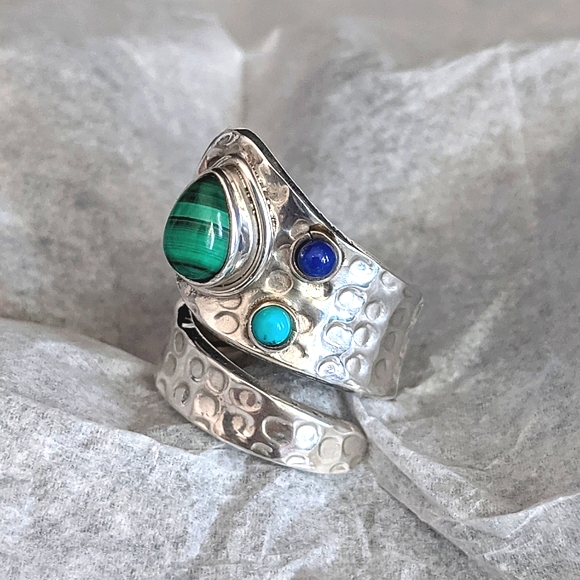 Malachite, Turquoise & Lapis .925 Silver, Adjustable Ring - Picture 4 of 6